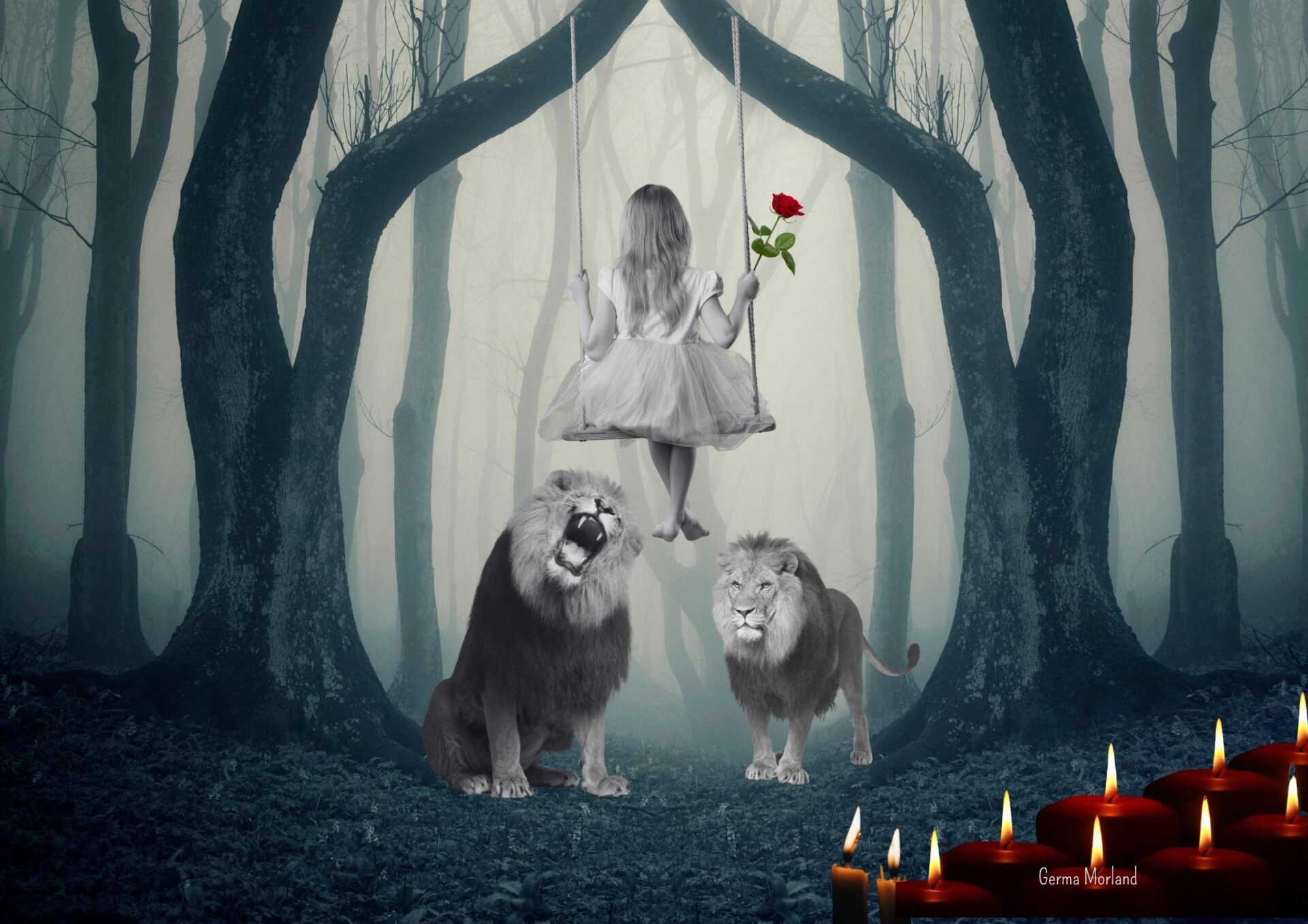 Fantasy poster girl in forrest with lions
