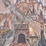 Poster castle with woman ghost on art over the world
