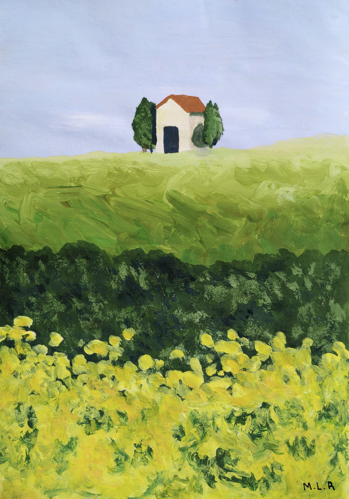 Gouache painting with a little house over a hill and a forest with yellow flowers at the bottom.