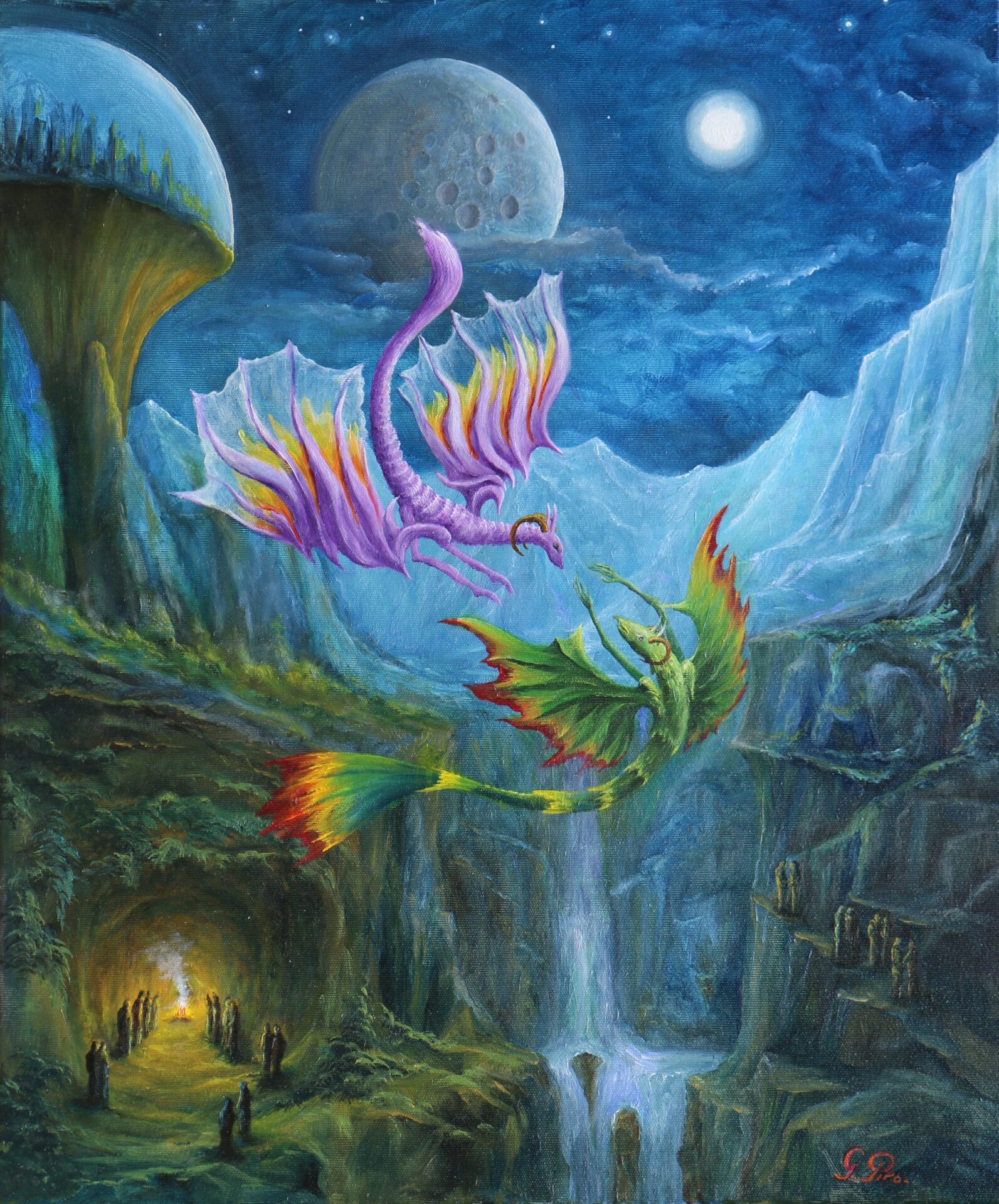 gregory pyra piro, fantasy surrealism, surrealism oil painting, surrealistic landscape, distant planet, distant solar system, night, flying dragons, dinosaurs, vibrant colors, cave, people in front of a fire, green vegetation, waterfalls, ghosts, rocks, green dragon, owl, dome city, white mountains, two moons, bright white, white light, large moon, craters