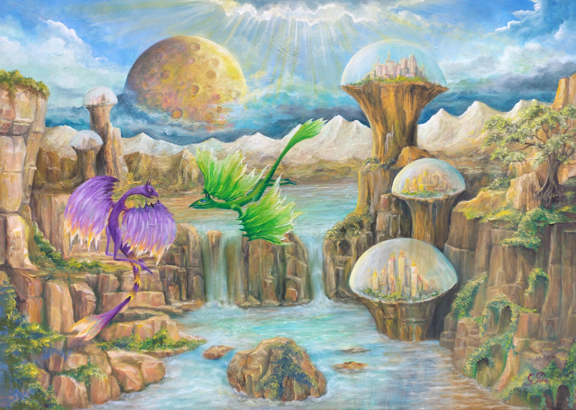 gregory pyra piro, oil painting, surrealistic landscape, landscape scene, another planet, flying dragons, caves, dome, neighborhoods, vegetation, trees, hills, mountains, sky, white clouds, planet Earth, double planet, large moon