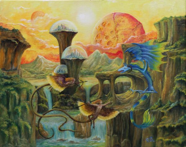 gregory pyra piro, fantasy surrealism, surrealism oil painting, distant planet, solar system, flying dragons, vibrant colors, human, devils and angels, bows and arrows, dome cities, lakes, streams and waterfalls, green vegetation, trees, sky, yellow and orange, orange moon, double planet, moon behind the clouds