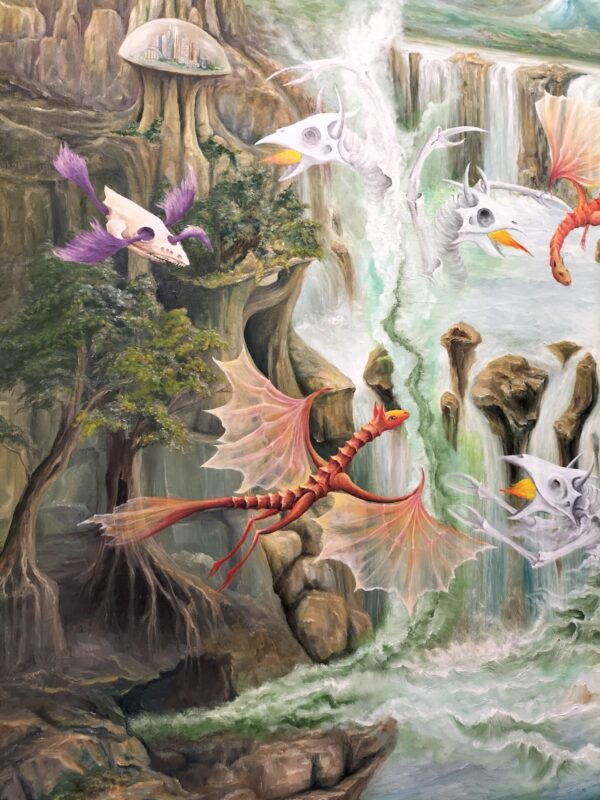gregory pyra piro, oil painting, surrealistic, from another planet, distant solar systme, flying dragon, fire breathing, demons, vapors, smoke, space ships, dome cities, hilltops, mountain tops, trees, moon, blue sky, white clouds, lakes, waterfall