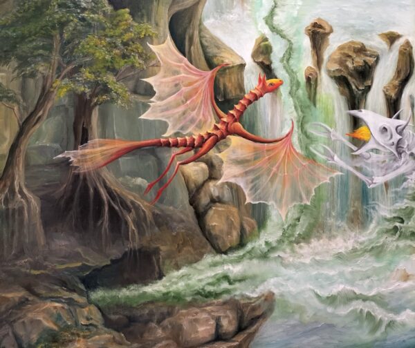gregory pyra piro, oil painting, surrealistic, from another planet, distant solar systme, flying dragon, fire breathing, demons, vapors, smoke, space ships, dome cities, hilltops, mountain tops, trees, moon, blue sky, white clouds, lakes, waterfall