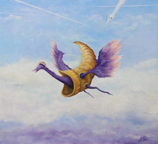 gregory pyra piro, surrealist, oil painting, planet, distant solar system, sky, purple clouds, demon, skull, flying dragon, dragon with horns, horn, vest