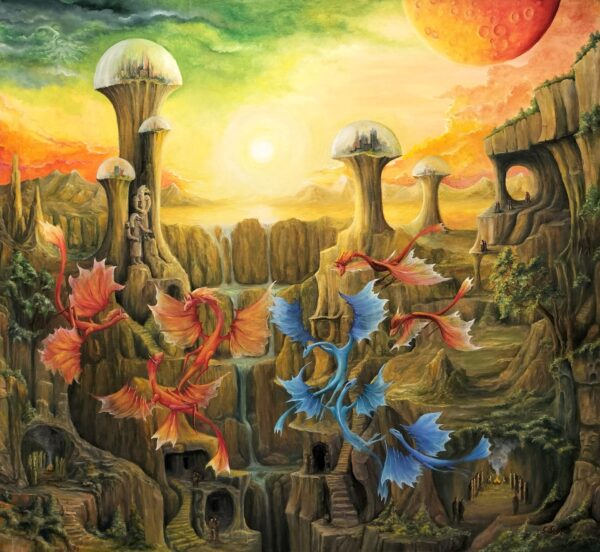 gregory pyra piro, oil painting, surrealistic, landscape, flying dragons, human inhabitants, people in caves, in front of a fire, carved statues, Egyptian pharoes, planet Earth, trees, green vegetation, lakes, streams and waterfalls, green clouds, ghosts, orange moon, double planet, star in the sky, Sun