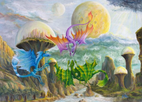 gregory pyra piro, fantasy surrealism, oil painting, surrealistic landscape, another planet, distant solar system, vibrant color, flying dragons, human inhabitants, people in front of a fire, dome city, life forms, lake, green vegetation, trees, sky, planet Earth, demons, ghosts, clouds, skulls, two moons, moon, satellite, indigo