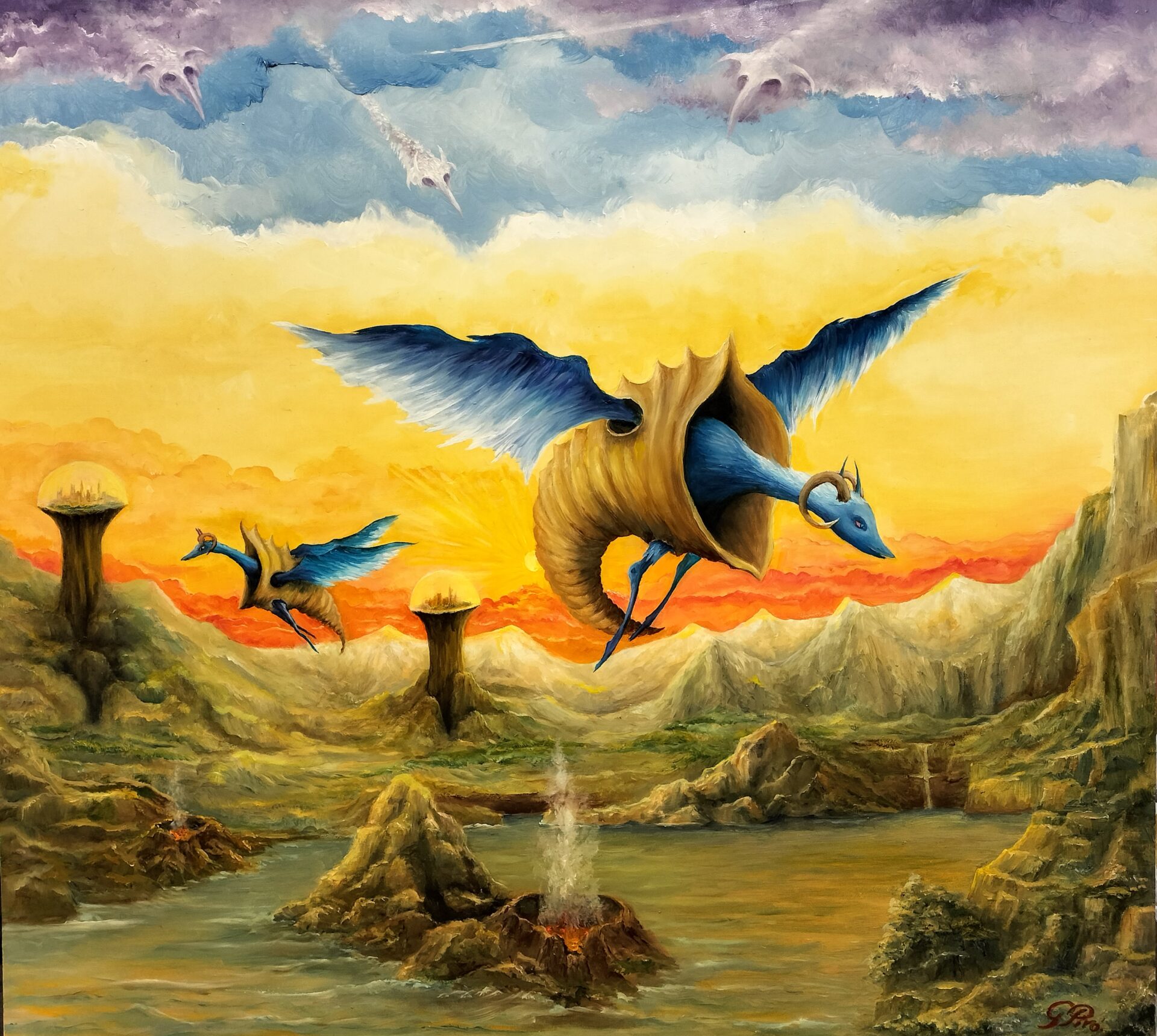 gregory pyra piro, oil painting, fantasy surrealism, planet, solar system, flying dragons, dragons with horns, shell, vests, ghosts, demons, clouds, lake, islands, erupting volcanoes, green vegetation, burshes, trees, waterfall, dome, cities