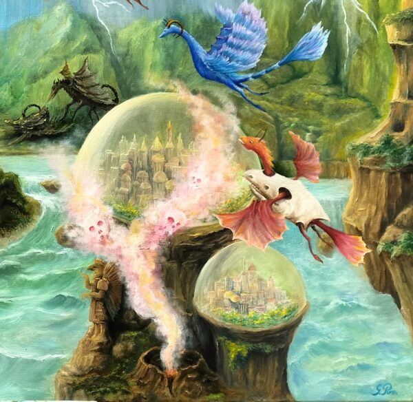 gregory pyra piro, surrealism oil painting, surrealistic landscape, landscape scene, another world, distant solar system, flying dragons, vests, shell, horns, demons, ghosts, in the sky, sull heads, thunder and lightning, lighting storm, storm in the distance, large lake, lake with islands, dome cities, statues, Egyptian pharoes, planet Earth, erupting volcanoes, hills, mountains, vegetation and trees, indigo clouds, large moon, double planet