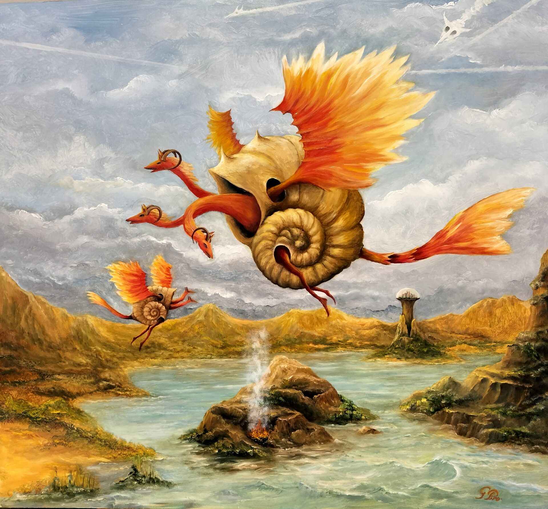 gregory pyra piro, oil painting, surrealist, landscape, planet, solar system, flying dragons, shell, vests, snails, three headed dragon, dragon with horns, two headed dragon, demons, sky, gray clouds, large lake, islands, erupting volcano, dome city, grass, bushes, trees