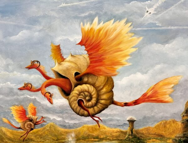 gregory pyra piro, oil painting, surrealist, landscape, planet, solar system, flying dragons, shell, vests, snails, three headed dragon, dragon with horns, two headed dragon, demons, sky, gray clouds, large lake, islands, erupting volcano, dome city, grass, bushes, trees