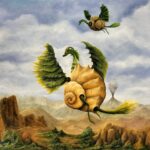 gregory pyra piro, surrealist, oil painting, landscape, planet, solar system, green dragon, dragon with horns, conch, vest, mountains, bushes, trees, erupting volcano