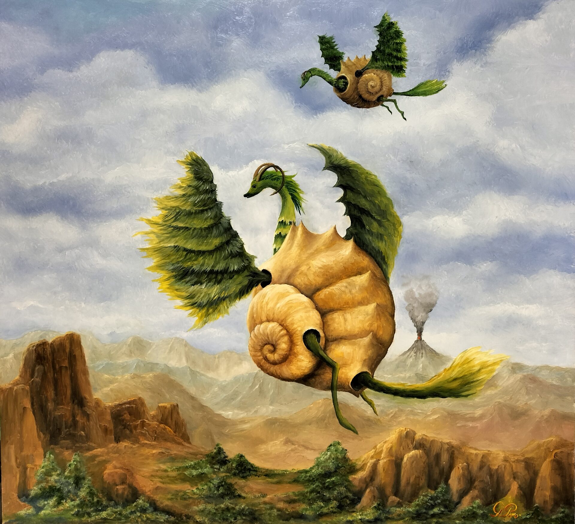 gregory pyra piro, surrealist, oil painting, landscape, planet, solar system, green dragon, dragon with horns, conch, vest, mountains, bushes, trees, erupting volcano