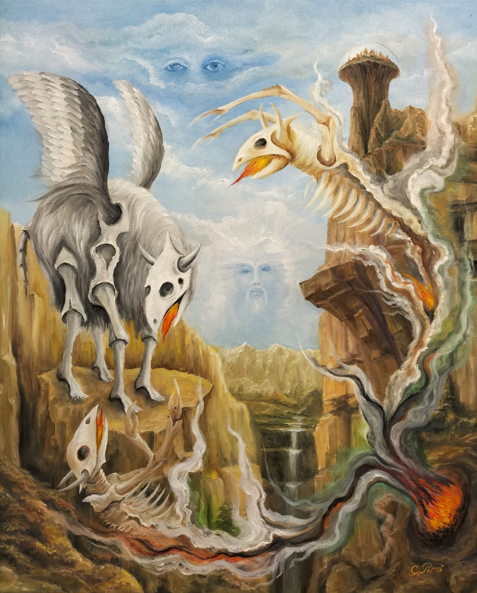 surrealistic, oil painting, gregory pyra piro, ravine, waterfall, mountains, demons, volcanic lava, pyroduct, ethereal figures, winged creature, goat, biodome, butte, buildings